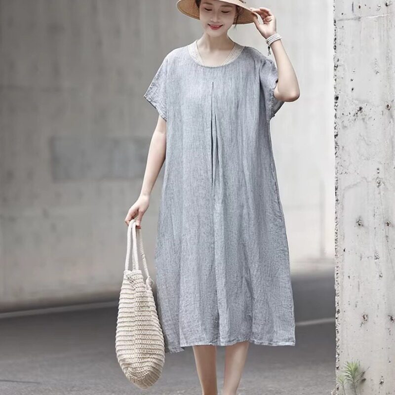 棉麻竖条纹连衣裙 蕾丝领法式长裙夏天宽松大码裙子