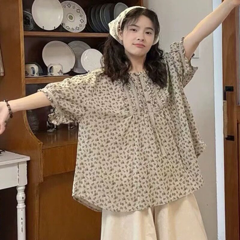 文艺女装森系褶皱上衣女复古娃娃衫日系碎花衬衫甜美可爱宽松