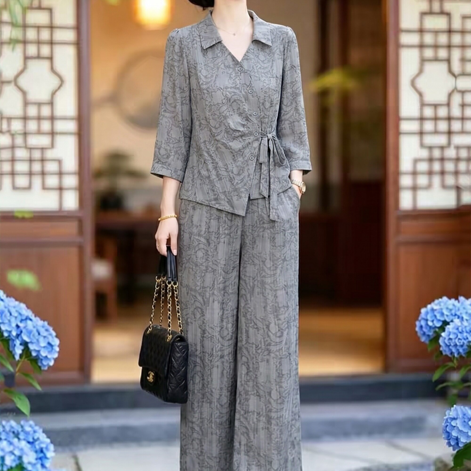 实拍妈妈装优雅收腰显瘦气质套装2026夏洋气减龄休闲韩版两件套裤