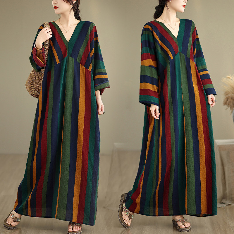 实拍大码原创法式高级感长袖v领薄棉麻条纹印花宽松显瘦连衣裙女