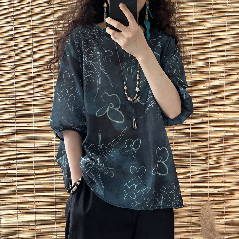 2026新款文艺复古棉麻印花圆领套头宽松大码显瘦百搭苎麻上衣女