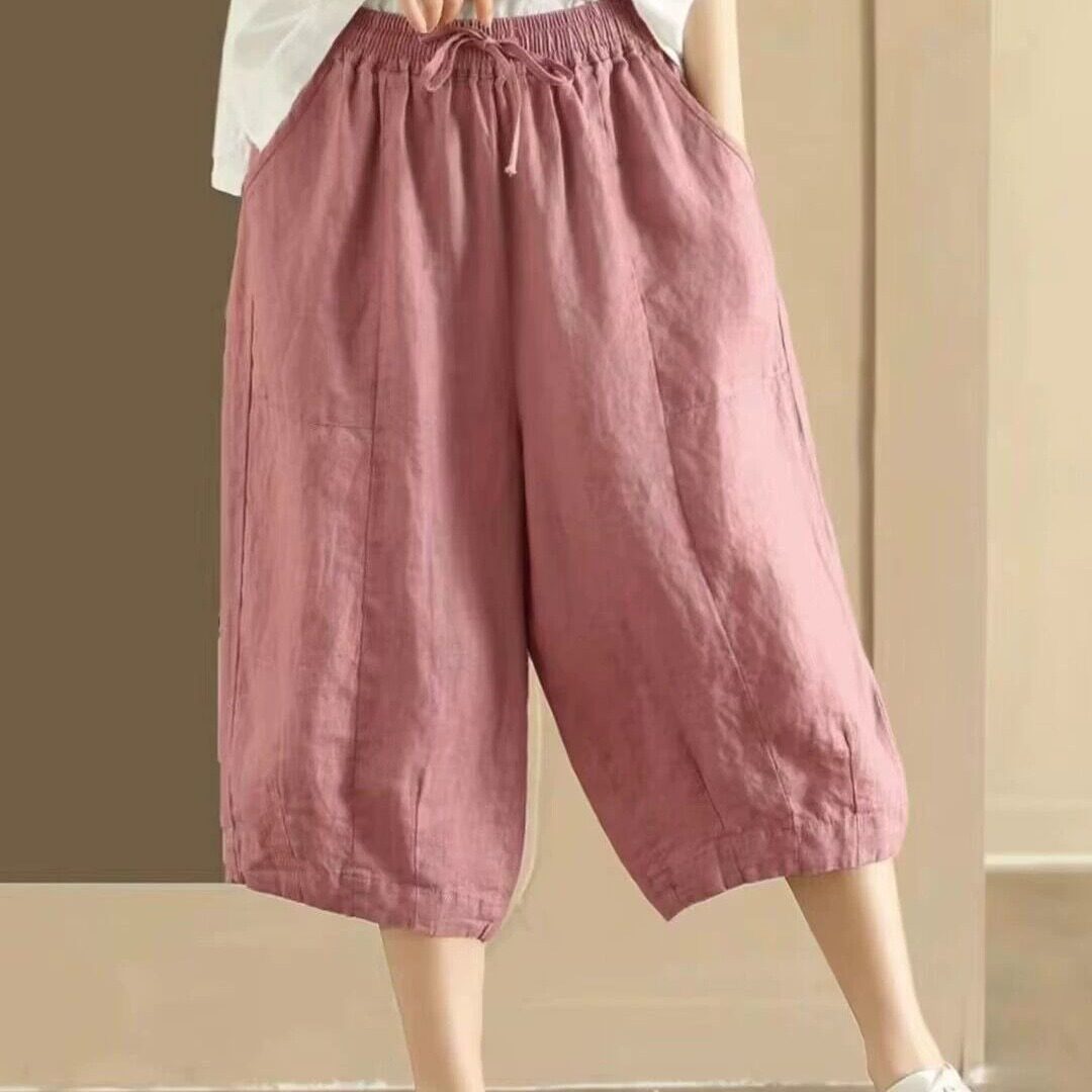 夏季新款大码简约纯色阔腿裤休闲百搭宽松显瘦纯亚麻七分裤女