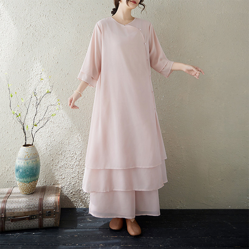 中式禅意女装双层雪纺飘逸舞蹈练功瑜伽禅修服汉服飘逸茶服套装