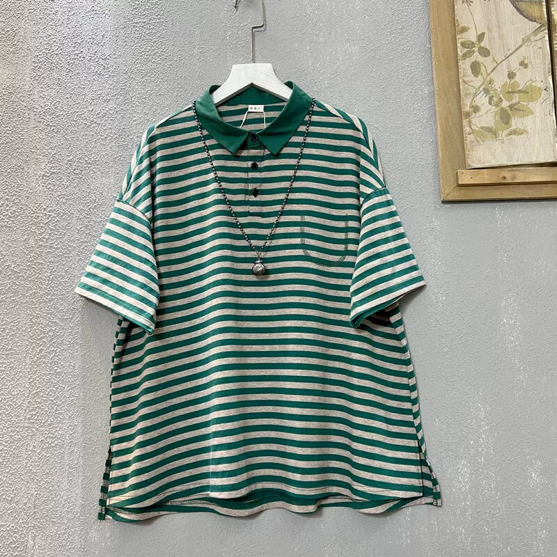 Polo领条纹短袖女纯棉夏季新款宽松大码韩版简约百搭减龄半袖上衣