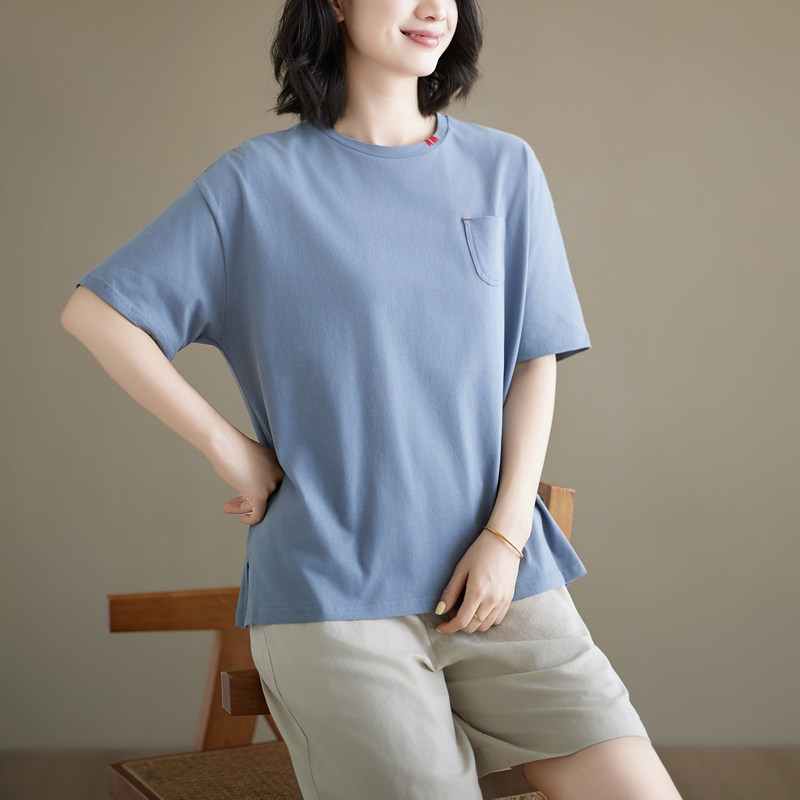 实拍纯棉T恤衫女夏装日单文艺简约韩版宽松体恤百搭上衣大码开叉