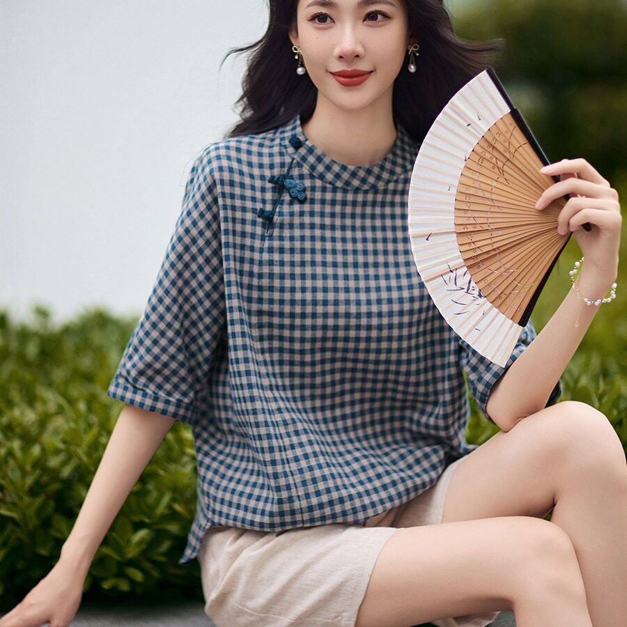 2026夏季新中式复古格纹衬衫女体恤斜襟盘扣棉麻百搭文艺上衣