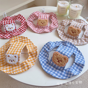 蓝色棋盘格宠物帽子小狗狗猫咪防晒遮阳帽可爱漏耳朵渔夫帽夏季