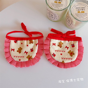 蝴蝶结小熊宠物围兜红色格子猫咪狗狗口水巾玩偶围兜围嘴比熊圣诞