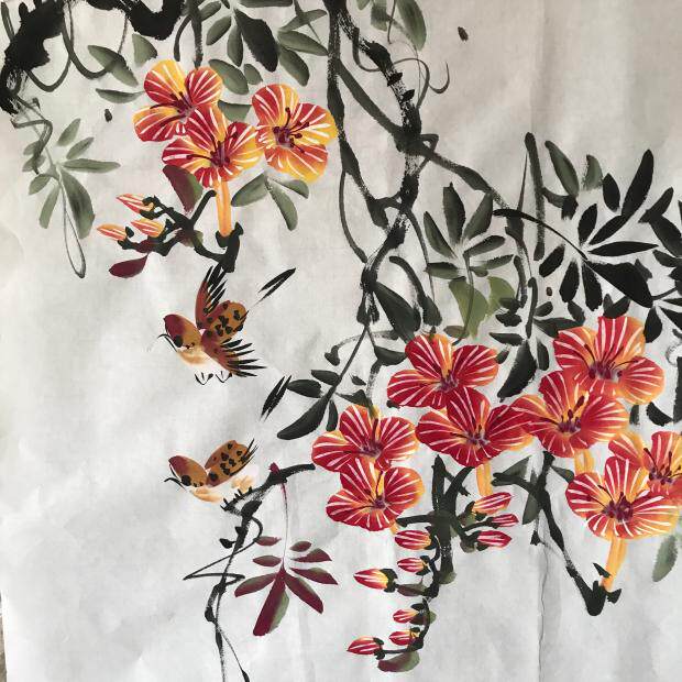 三尺斗方纯手绘写意花鸟国画喇叭花客厅办公室玄关字画装饰画