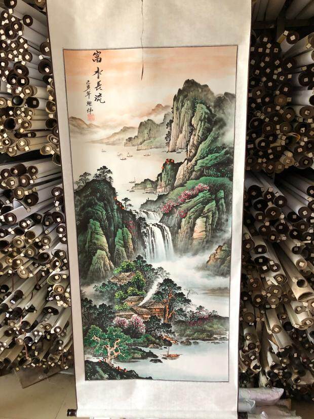 富水长流半手绘山水画聚宝盆国画来财靠山字画客厅办公室装饰