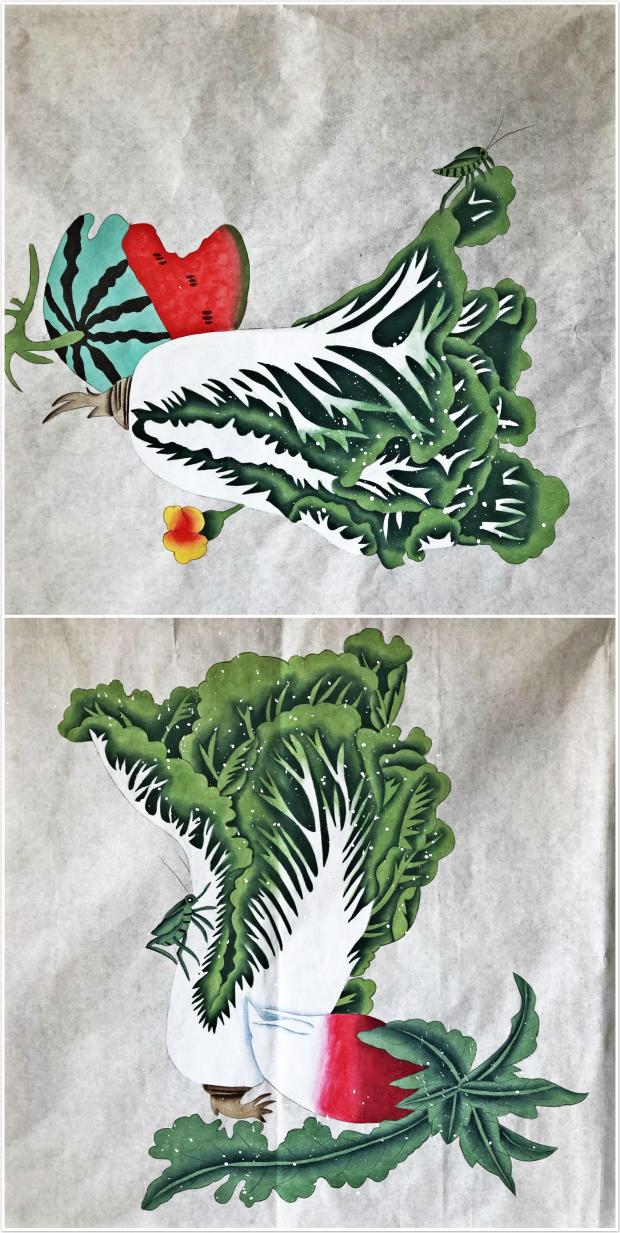 白菜纯手绘工笔花鸟国画来财百财图字画客厅办公室餐厅装饰画