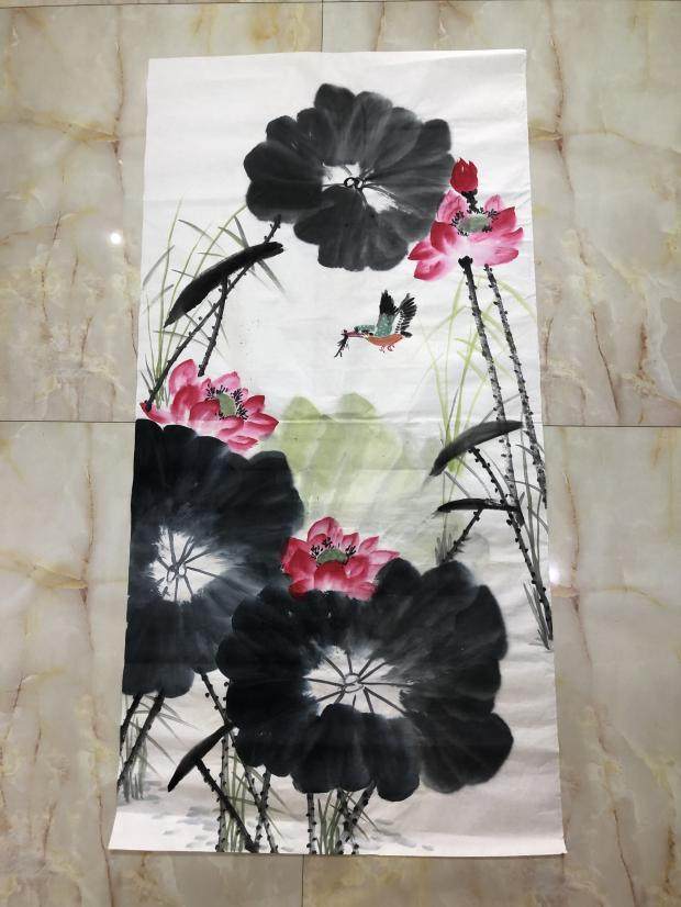 和气生财荷花翠鸟纯手绘写意花鸟字画国画客厅玄关卧室装饰画