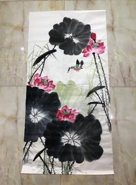 和气生财荷花翠鸟纯手绘写意花鸟字画国画客厅玄关卧室装饰画