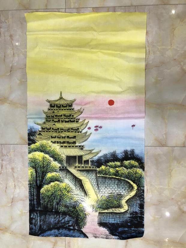 黄鹤楼工笔塔山水靠山图纯手绘字画来财国画客厅玄关卧室装饰