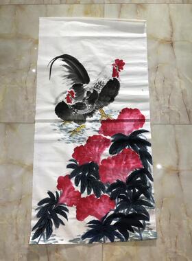 鸡冠花公鸡大吉大利纯手绘写意花鸟字画国画客厅玄关卧室装饰