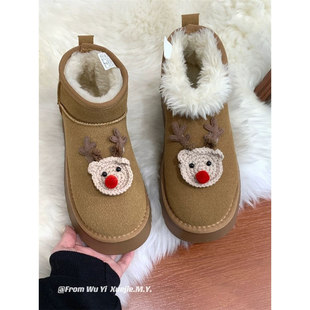 回力女鞋爆改圣诞麋鹿雪地靴女冬季皮毛一体东北大棉鞋加绒面包鞋