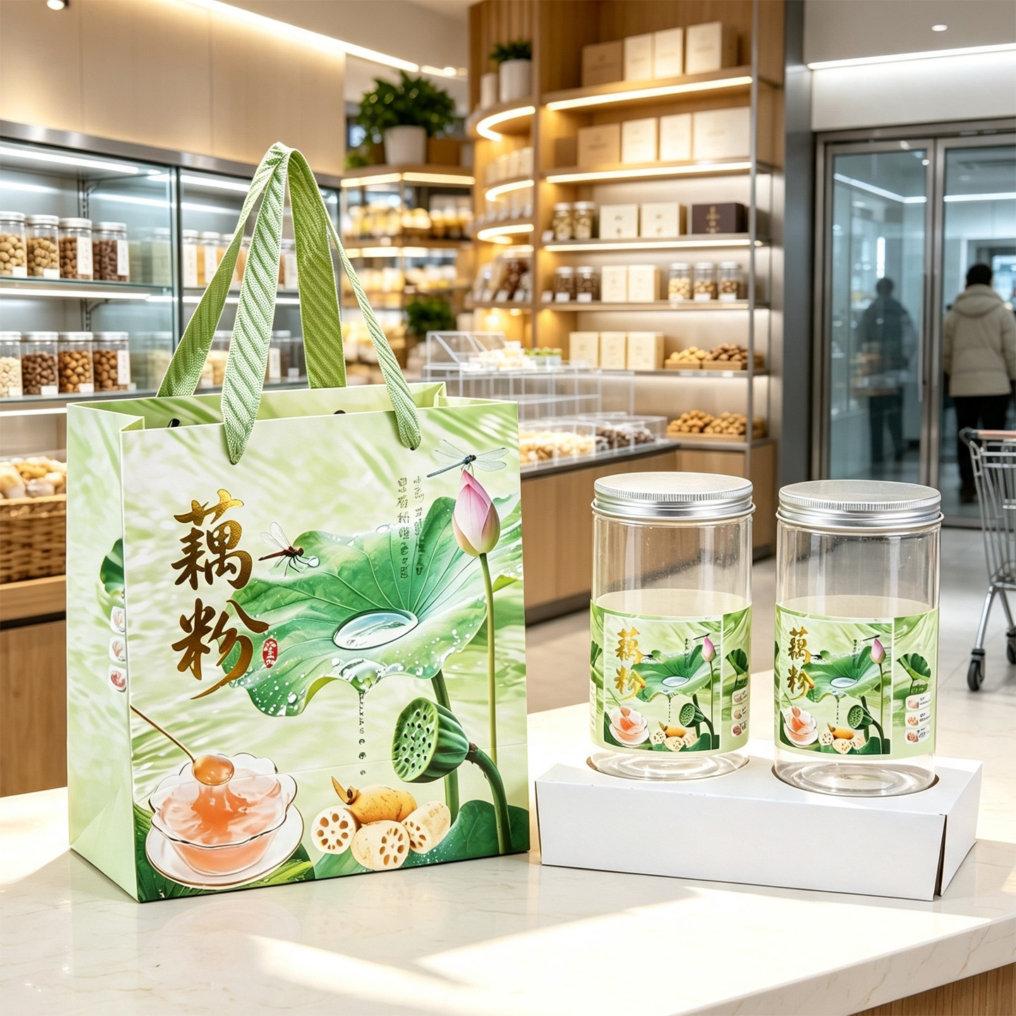 通用款手提袋高档绿色烫金藕粉自封袋礼品套装透明罐子两瓶装包邮