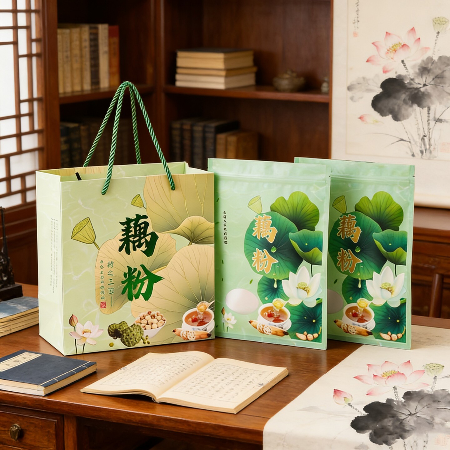 通用款手提袋高档绿色烫金藕粉自封袋礼品套装透明罐子两瓶装包邮