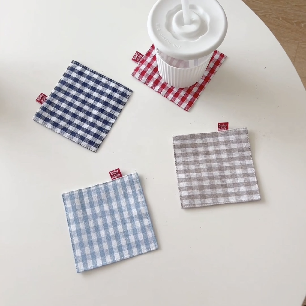 ins韩风红蓝格子杯垫小清新文艺纯棉布艺隔热垫拍照道具咖啡杯垫