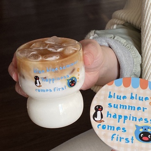 自制企鹅酷儿玻璃杯可爱卡通高硼硅耐高温咖啡果汁水杯礼物杯子