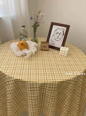 ins黄色格子百搭餐桌布野餐垫复古文艺茶几布背景布拍照蓝格桌布