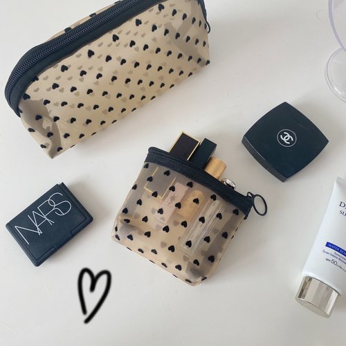 ins网纱植绒爱心化妆包透明镂空