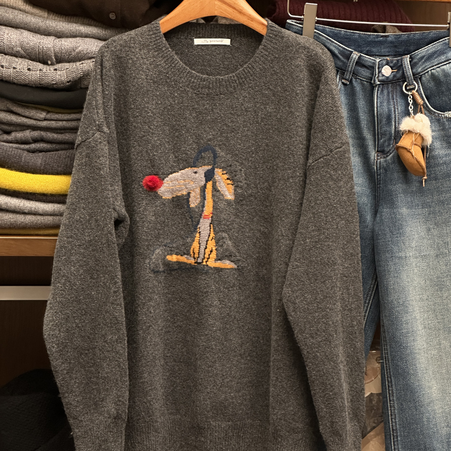 【卡通中长款针织衫】慵懒松弛感圆领宽松套头毛衣女软糯遮肉显瘦