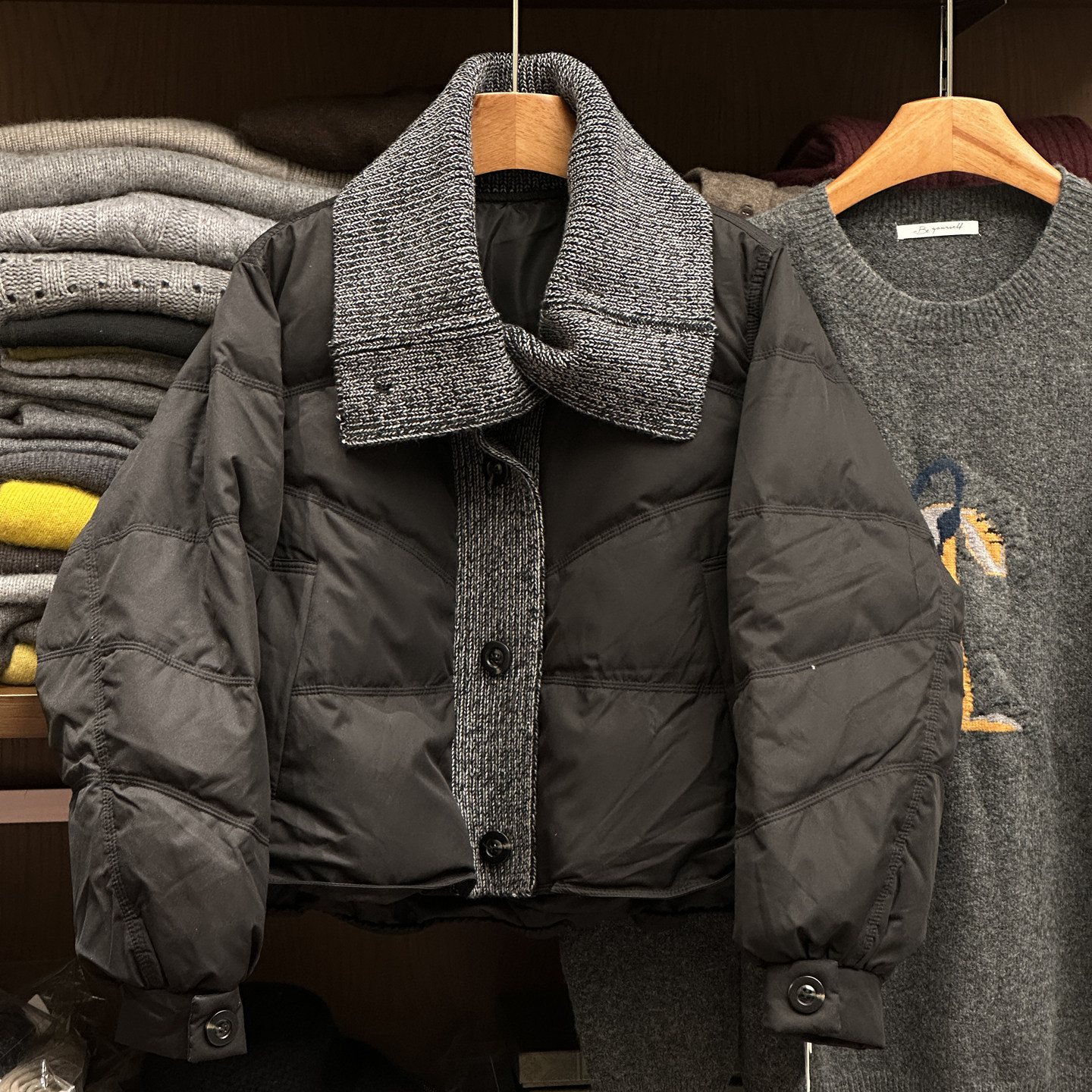 【毛线撞色拼接】欧货保暖羽绒服女装外套设计感小个子立领可翻领