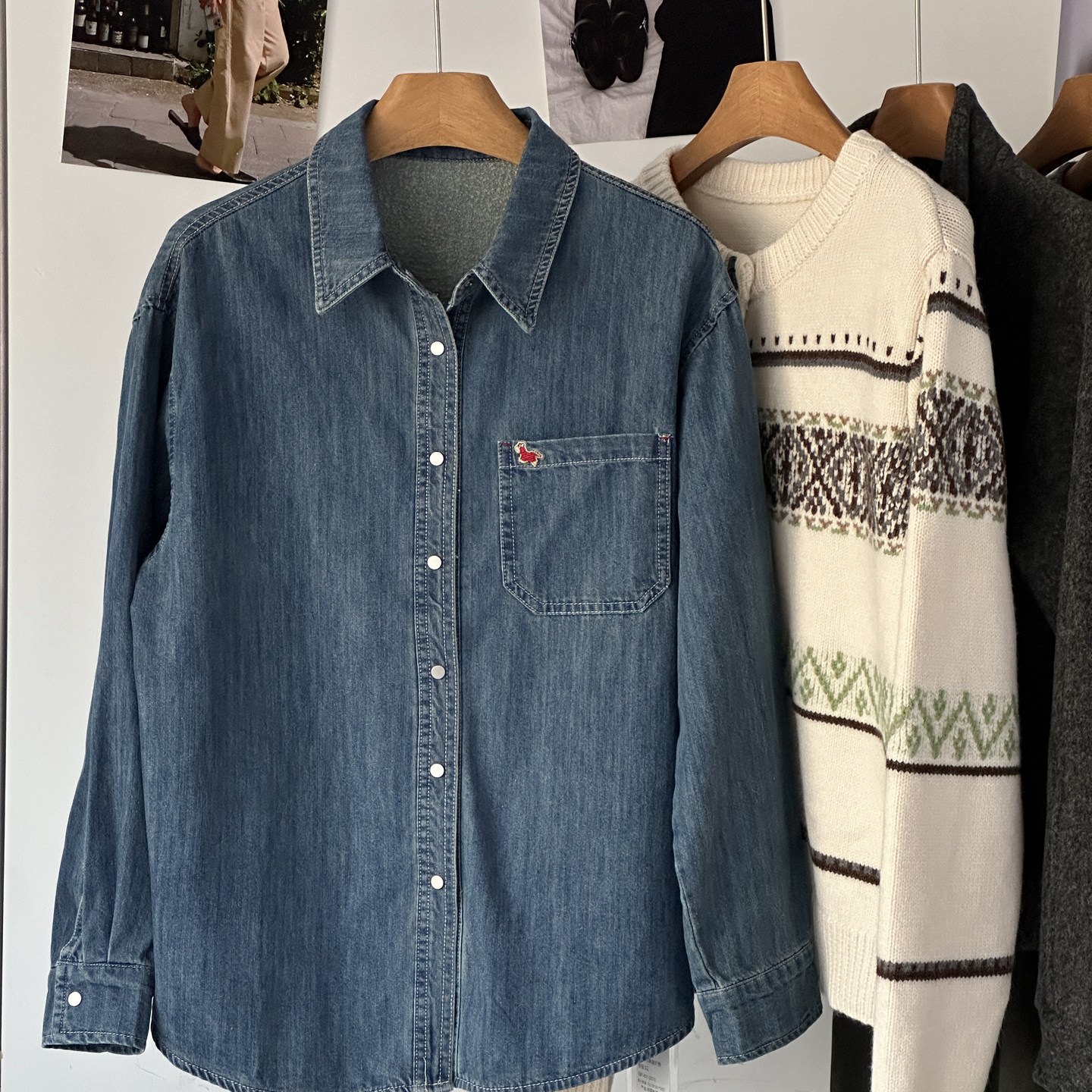 【磨毛抓绒】韩系简约学院风减龄牛仔浅蓝色叠穿内搭女衬衣开衫潮