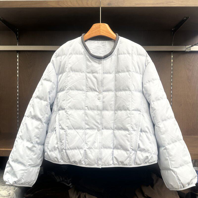 秋冬圆领方格短款棉服女罗纹领宽松休闲羽绒外套百搭气质上衣新款