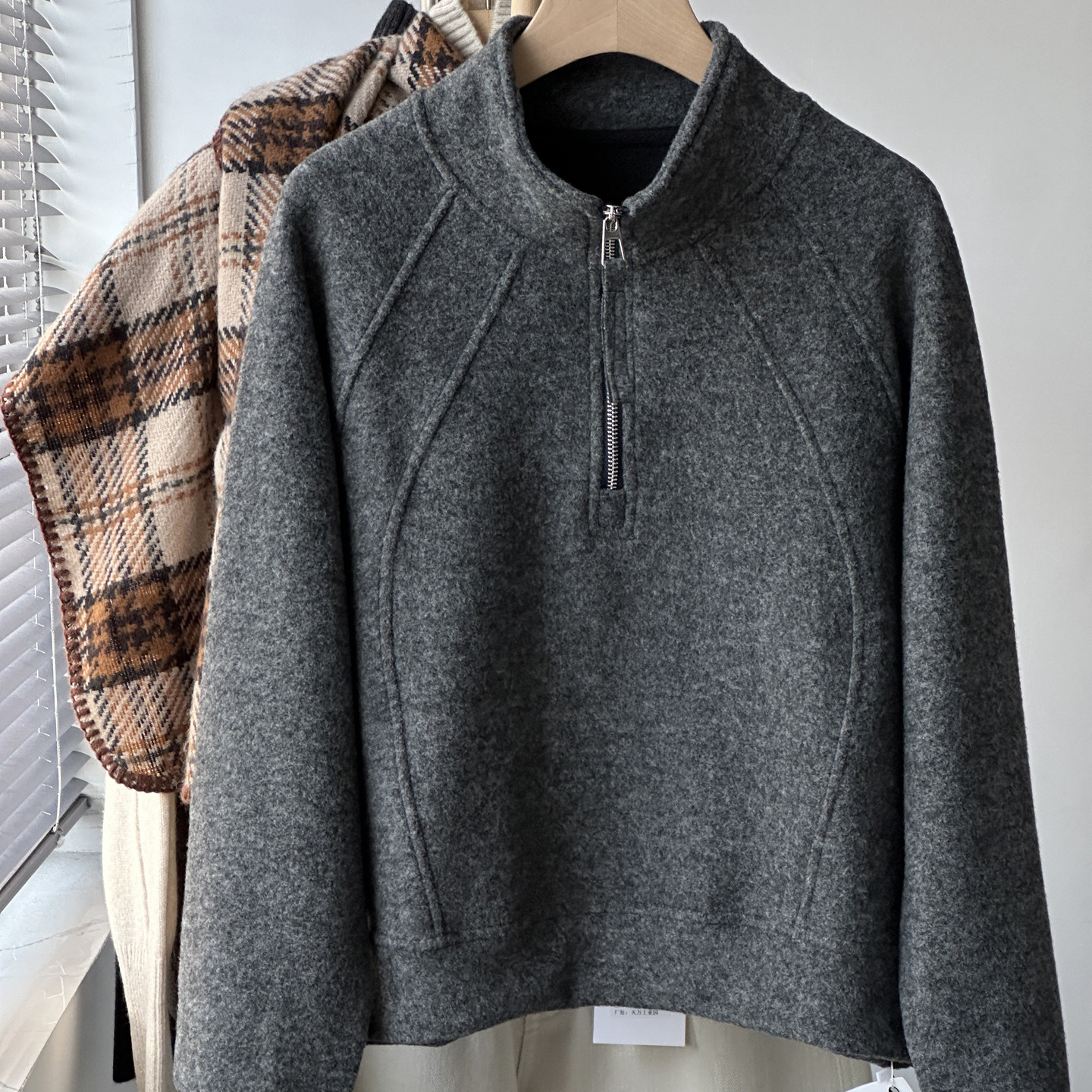 欧货女装休闲风立领半拉链毛呢卫衣女灰色显瘦小个子加绒上衣外套