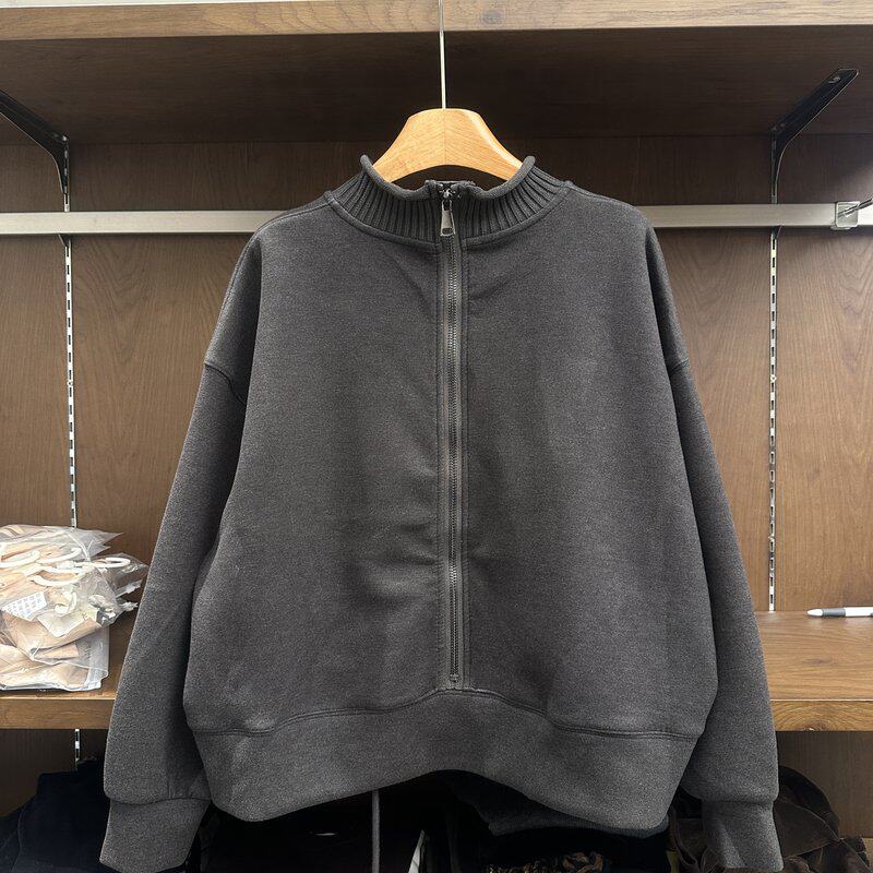 秋冬半高领拉链短款卫衣外套女休闲风宽松慵懒长袖上衣百搭新款潮