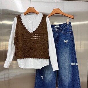 两件套衬衫 欧货设计感秋季 软糯针织马甲长袖 女装 女显瘦上衣潮 新款