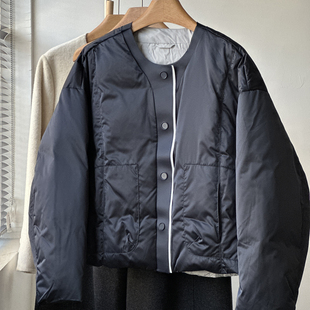 欧货时尚 鸭绒保暖亮面宽松外套潮 设计感棒球领磁吸扣羽绒服女冬季