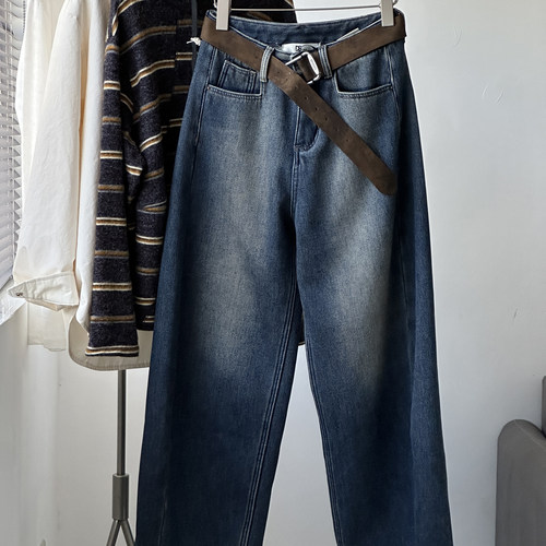 【复合绒牛仔裤】做旧复古水洗弯刀女加绒加厚保暖直筒牛仔长裤冬