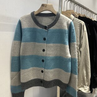 韩版休闲新款横条纹圆领针织开衫女秋冬宽松慵懒风绵羊毛毛衣外套
