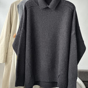 欧货高级松弛感翻领驼羊毛针织衫 宽松显瘦慵懒毛衣上衣外套 女冬季