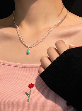 韩国925纯银双层米粒项链天河石