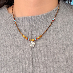 925纯银马上有钱虎眼石项链女小众简约手工设计彩色串珠锁骨链潮
