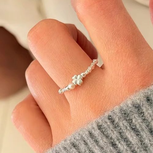 925纯银爱心四叶草珍珠戒指