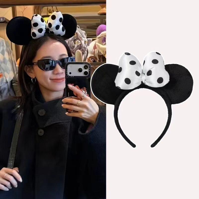卡通可爱米老鼠耳朵迪士尼发箍白色波点米妮头箍手工缝制款蝴蝶结