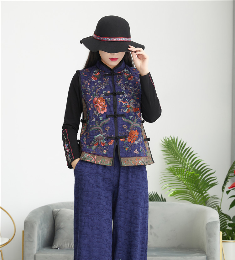 单排扣名族风短款圆领刺绣马甲