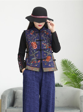 满绣花马甲棉麻盘扣侧面全开系扣民族风女装春季圆领单排扣2023年