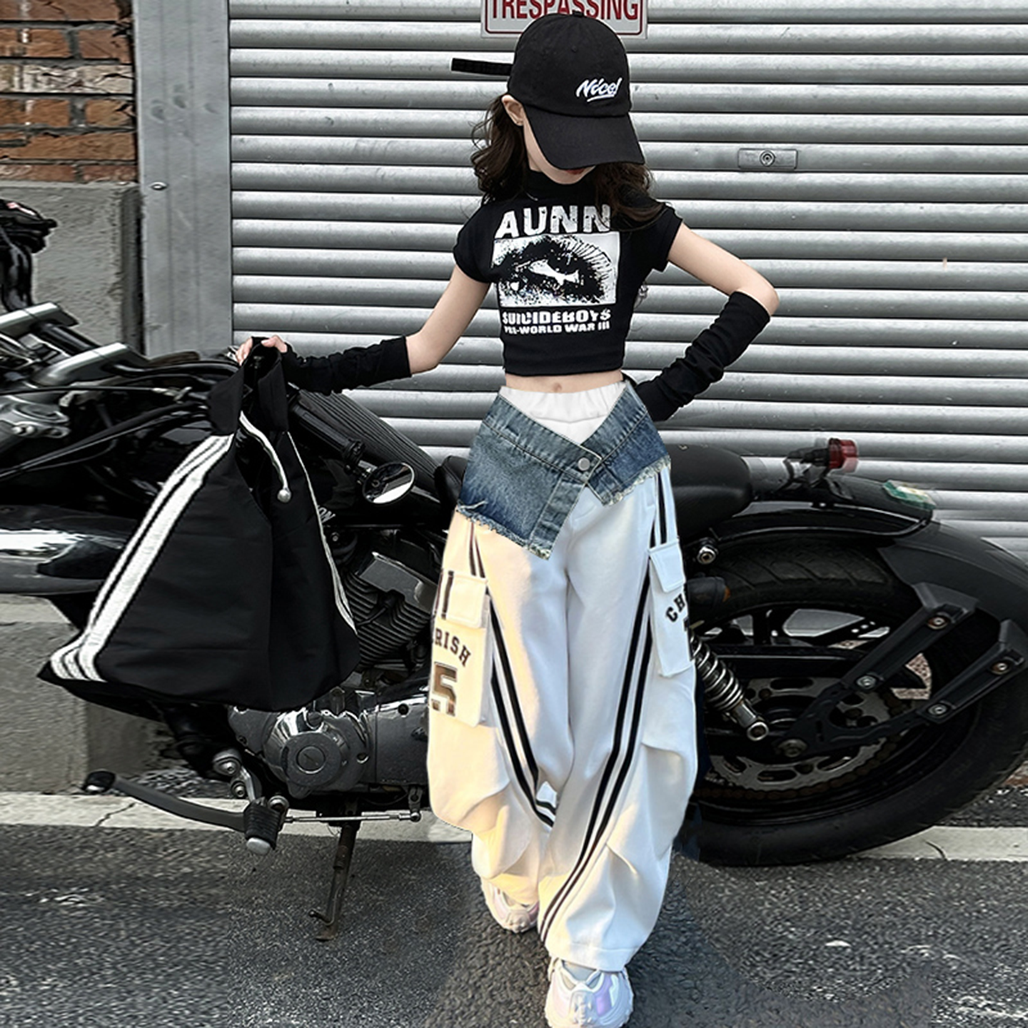 女童牛仔腰封伞兵裤2025夏新款中大童酷飒风爵士街舞T恤背心套装