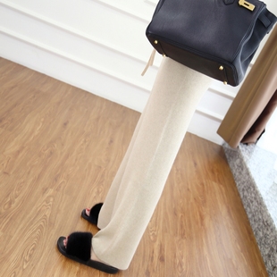 秋冬阔腿裤 女羊绒高腰显瘦垂感休闲百搭拖地针织羊毛直筒白色长裤