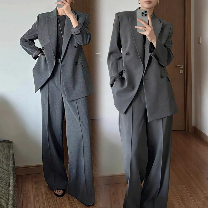 大码胖MM春秋新灰色时尚西装外套直筒裤子职业宽松西服两件套装女,女装/女士精品,大码套装,淘宝优惠券,粉丝福利购,淘宝优惠卷