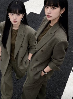 春秋冬新款通勤羊毛呢西装套装大码胖mm显瘦外套阔腿裤两件套女潮