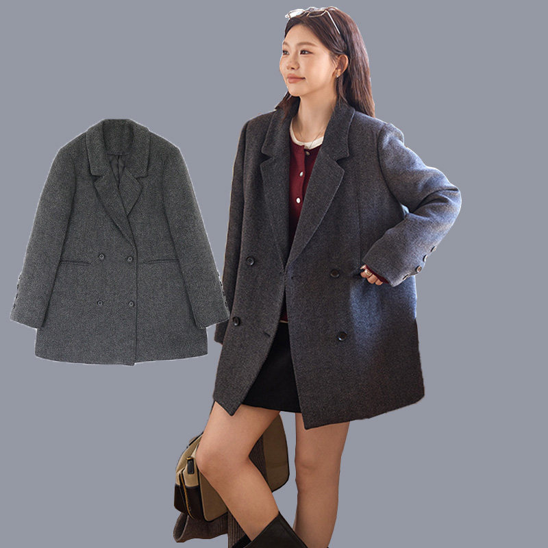 大码宽松休闲短款人字纹大衣女秋冬胖mm宽松时尚夹棉西装毛呢外套