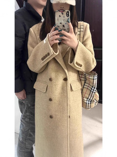 显瘦遮肉时尚 领大衣女胖mm宽松过膝加长款 毛呢外套 人字纹西装 大码