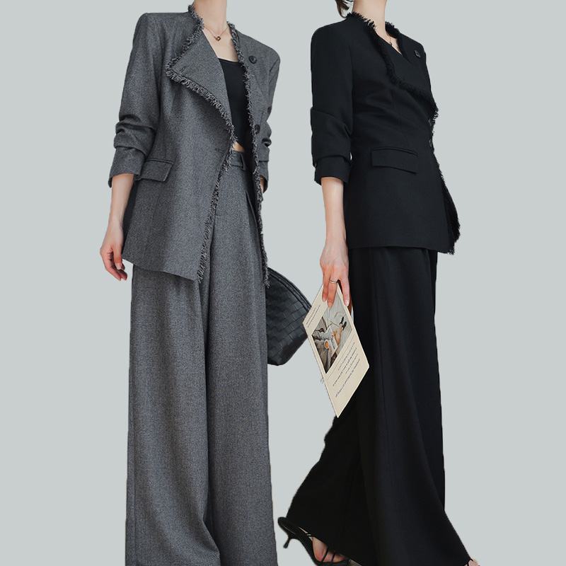 高级感大码春秋新款宽气质小香风西装套装女胖mm设计感阔腿裤两件